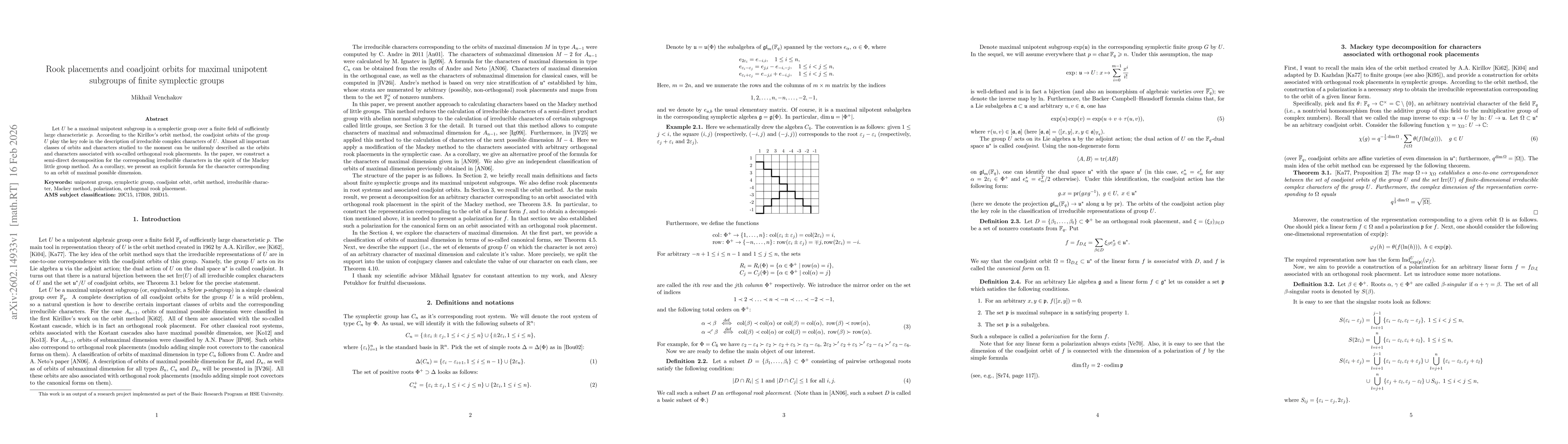 Thumbnail for Rook placements and coadjoint orbits for maximal unipotent subgroups of finite symplectic groups