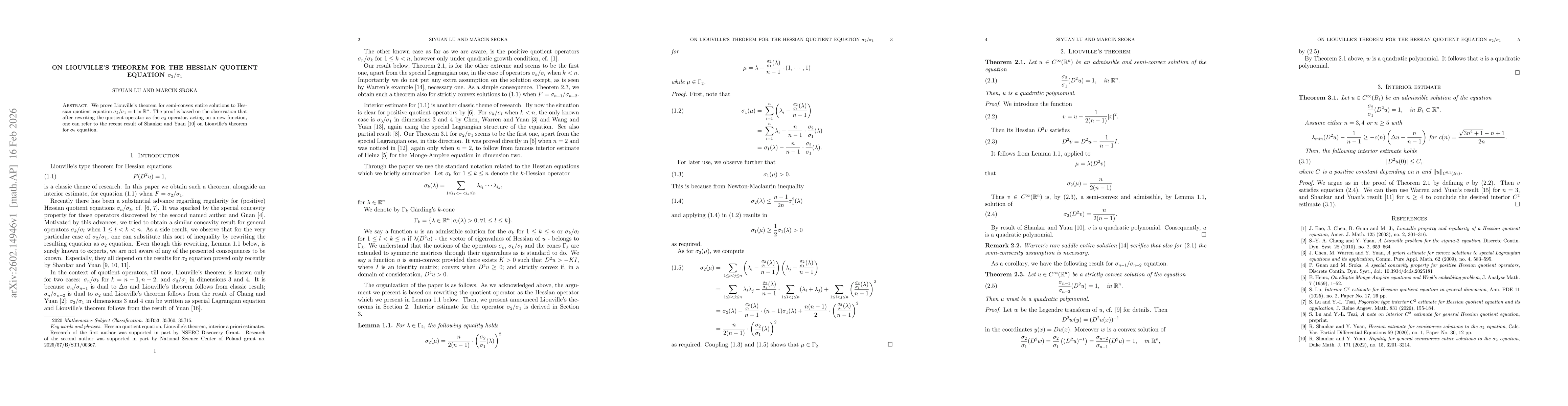 Thumbnail for On Liouville's theorem for the Hessian quotient equation $σ_2/σ_1$