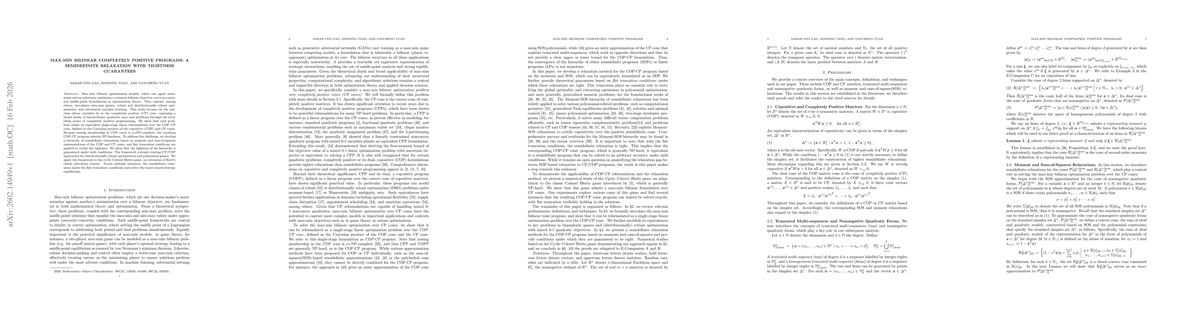 Thumbnail for Max-Min Bilinear Completely Positive Programs: A Semidefinite Relaxation with Tightness Guarantees