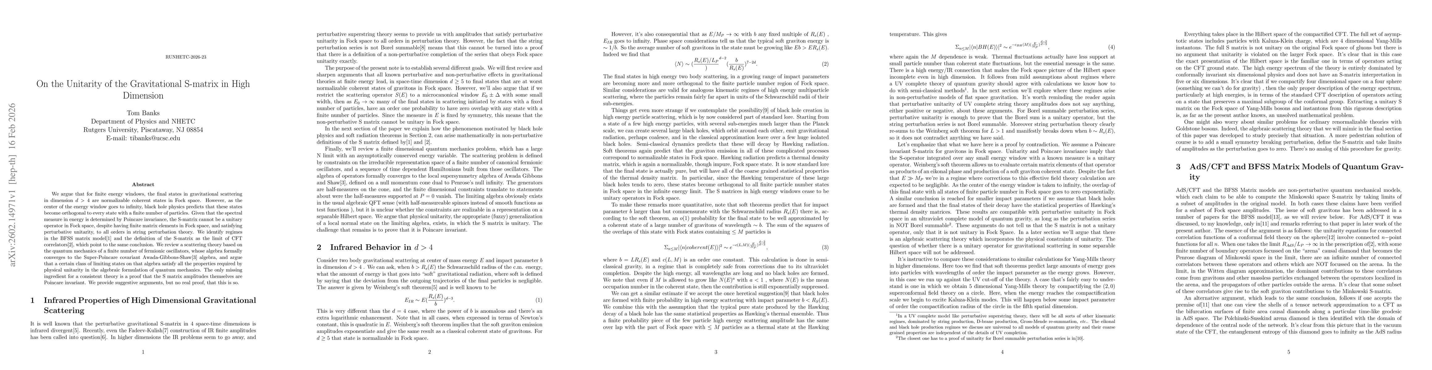 Thumbnail for On the Unitarity of the Gravitational S-Matrix in High Dimension
