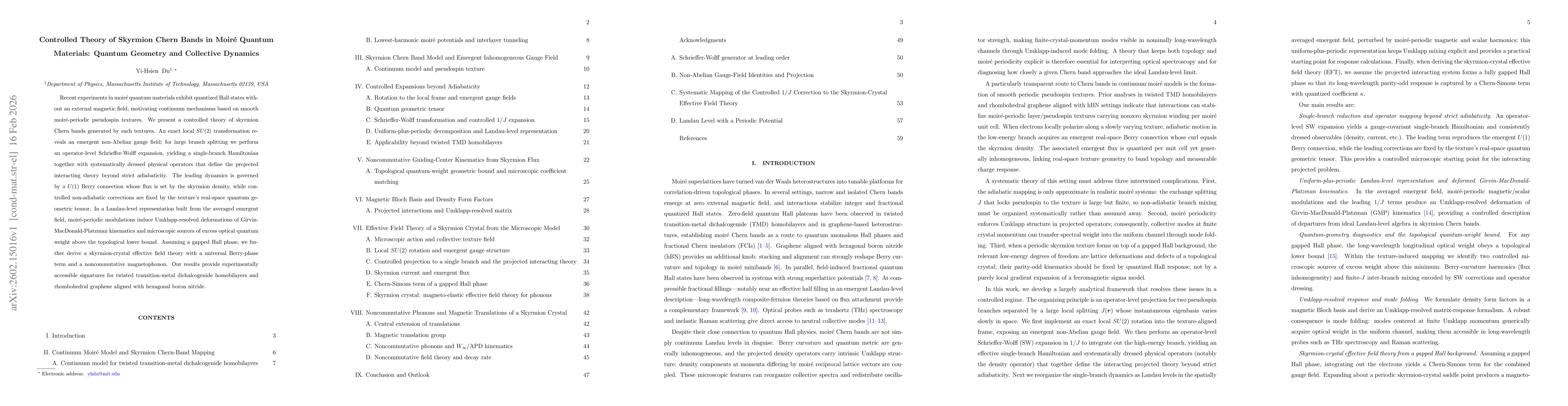 Thumbnail for Controlled Theory of Skyrmion Chern Bands in Moiré Quantum Materials: Quantum Geometry and Collective Dynamics