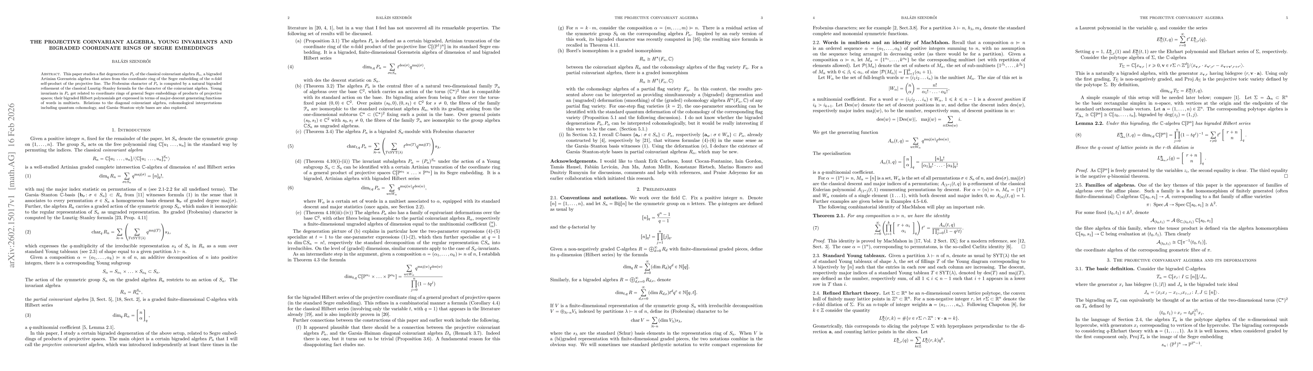 Thumbnail for The projective coinvariant algebra, Young invariants and bigraded coordinate rings of Segre embeddings