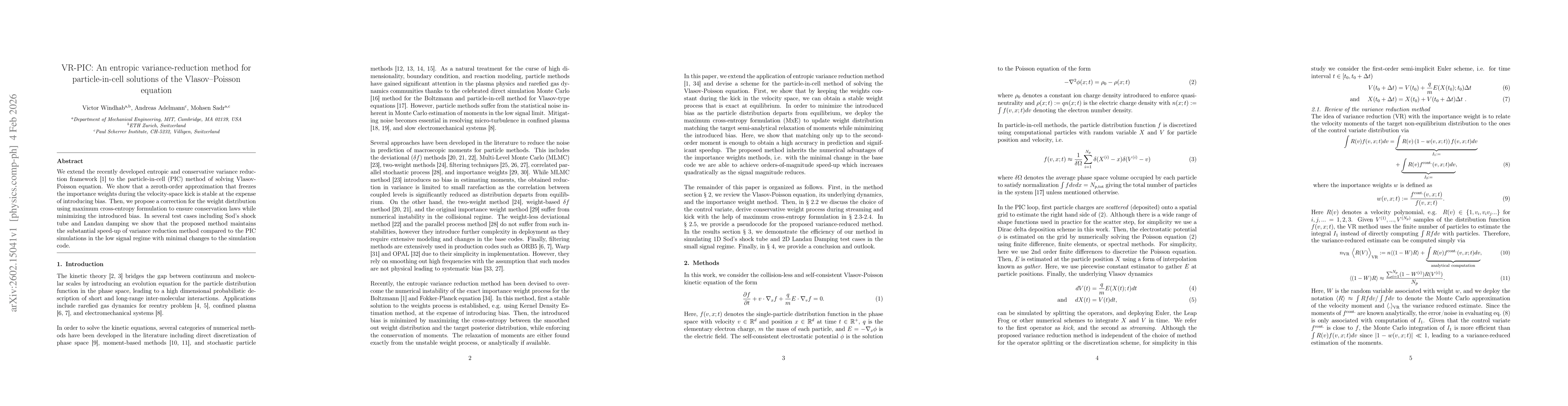 Thumbnail for VR-PIC: An entropic variance-reduction method for particle-in-cell solutions of the Vlasov-Poisson equation