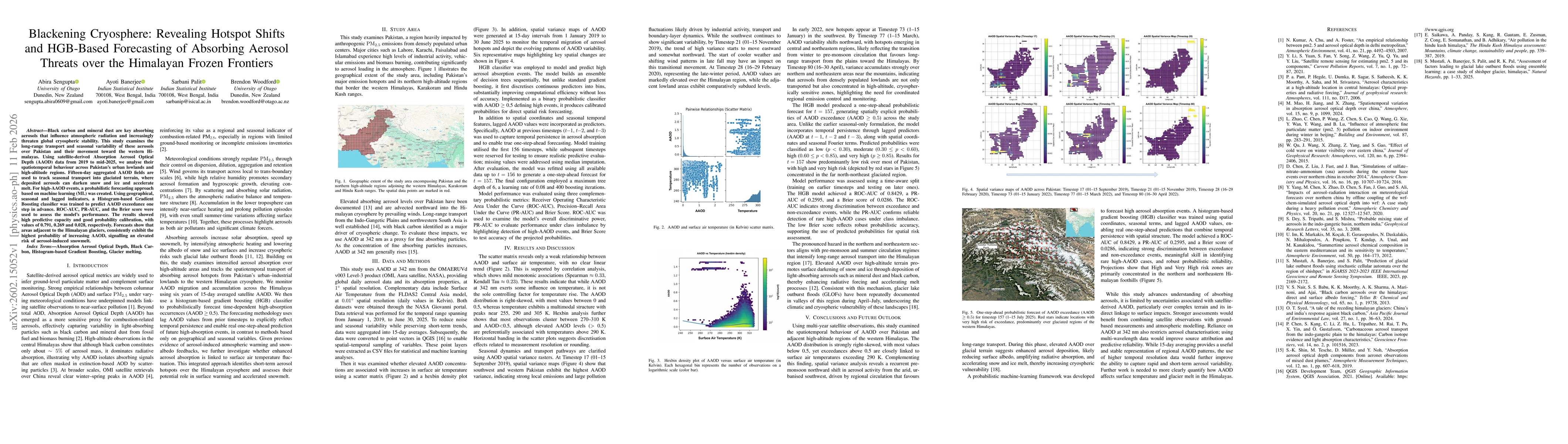 Thumbnail for Blackening Cryosphere: Revealing Hotspot Shifts and HGB-Based Forecasting of Absorbing Aerosol Threats over the Himalayan Frozen Frontiers