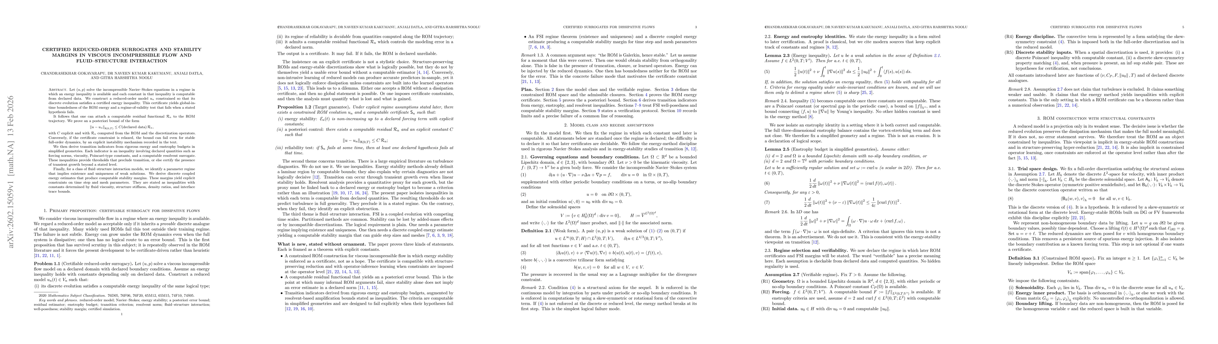 Thumbnail for Certified Reduced-Order Surrogates and Stability Margins in Viscous Incompressible Flow and Fluid--Structure Interaction