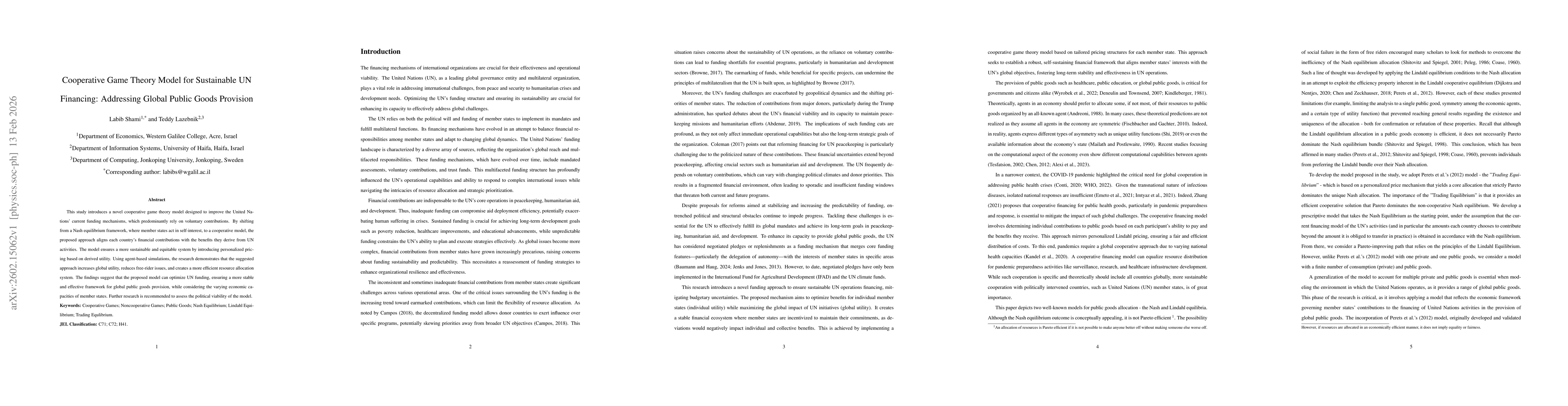 Thumbnail for Cooperative Game Theory Model for Sustainable UN Financing: Addressing Global Public Goods Provision