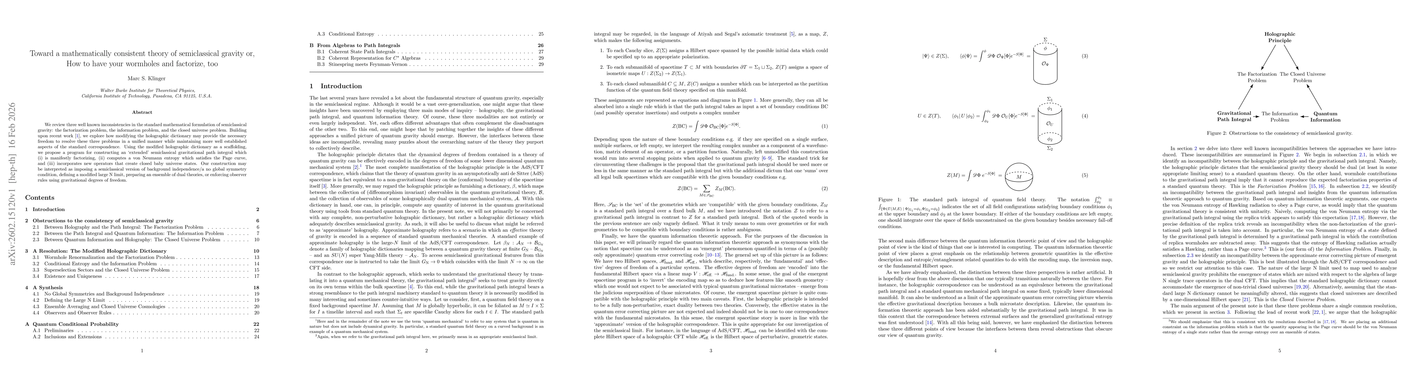 Thumbnail for Toward a mathematically consistent theory of semiclassical gravity or, How to have your wormholes and factorize, too