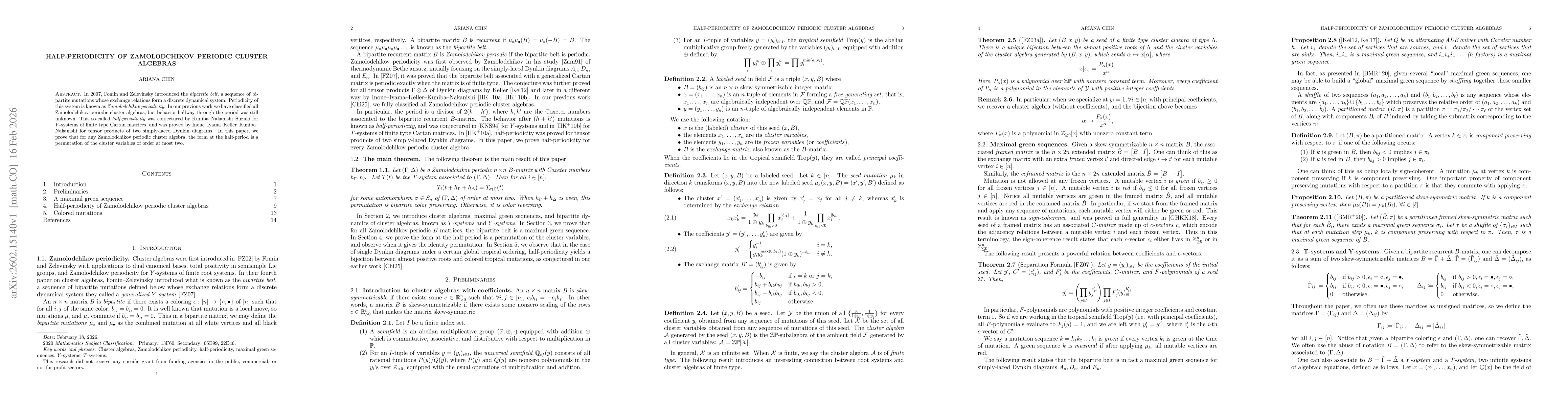 Thumbnail for Half-periodicity of Zamolodchikov periodic cluster algebras