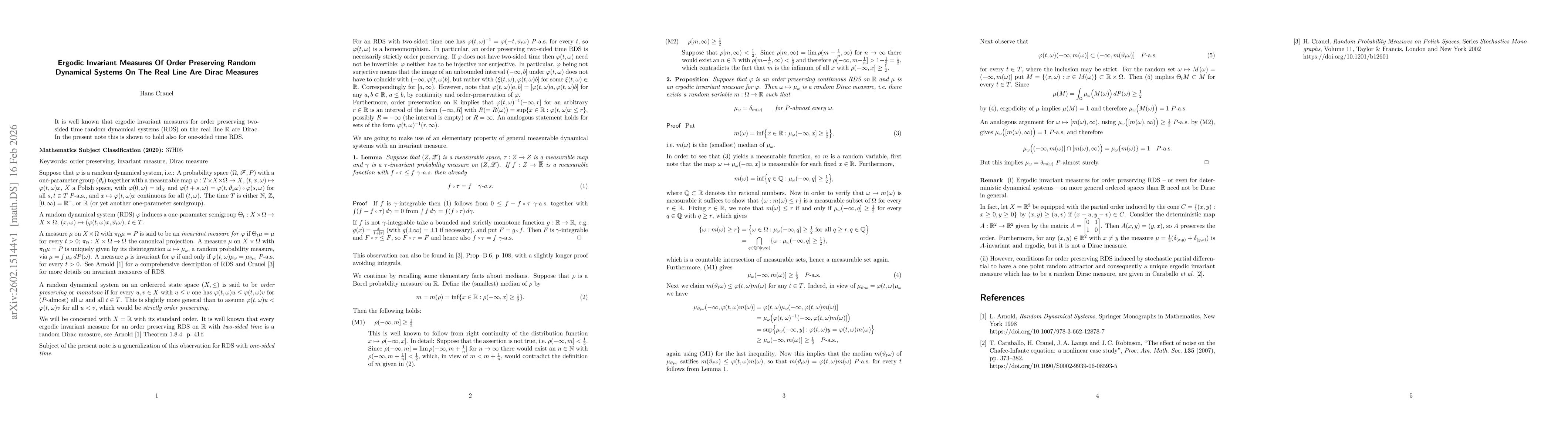 Thumbnail for Ergodic invariant measures of order preserving random dynamical systems on the real line are Dirac measures