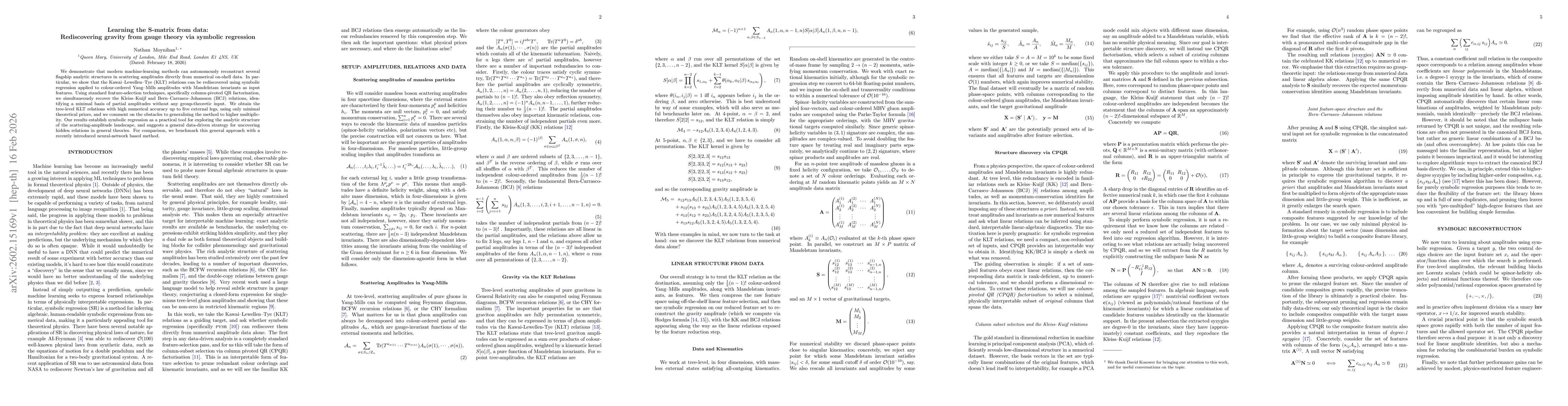 Thumbnail for Learning the S-matrix from data: Rediscovering gravity from gauge theory via symbolic regression