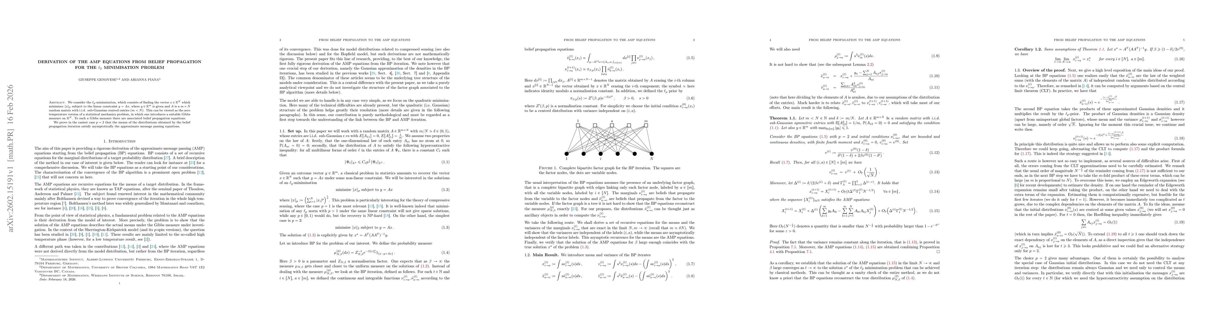 Thumbnail for Derivation of the AMP equations from belief propagation for the $\ell_2$ minimisation problem