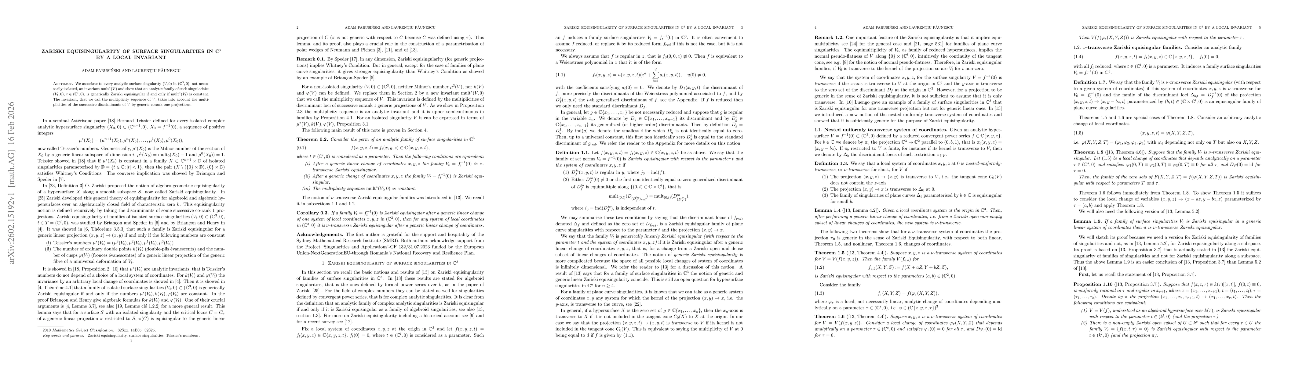 Thumbnail for Zariski equisingularity of surface singularities in $\mathbb C^3$ by a local invariant