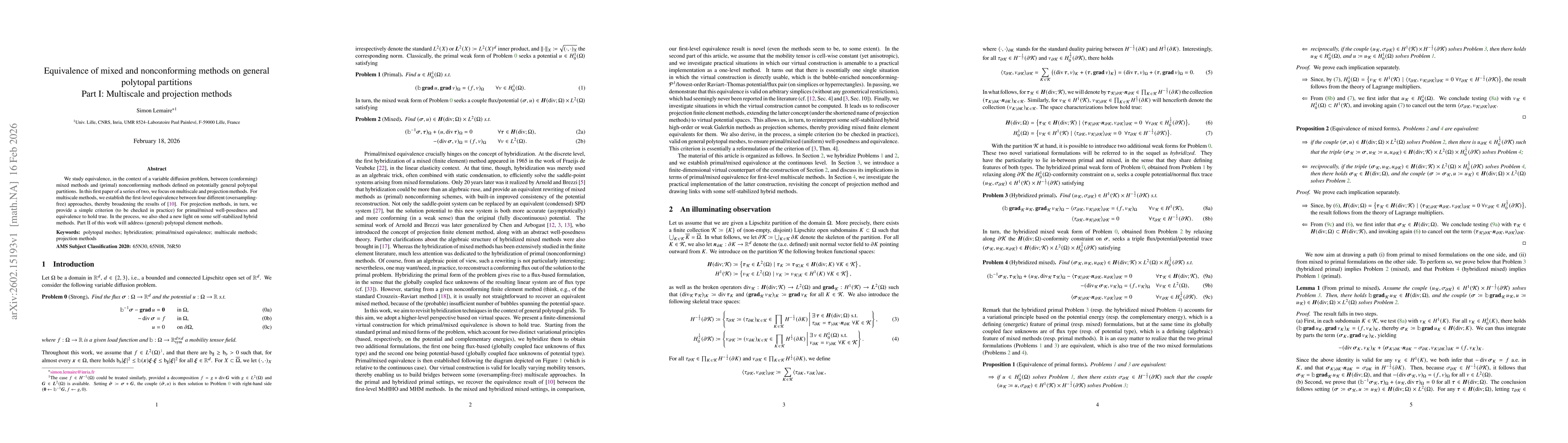 Thumbnail for Equivalence of mixed and nonconforming methods on general polytopal partitions. Part I: Multiscale and projection methods