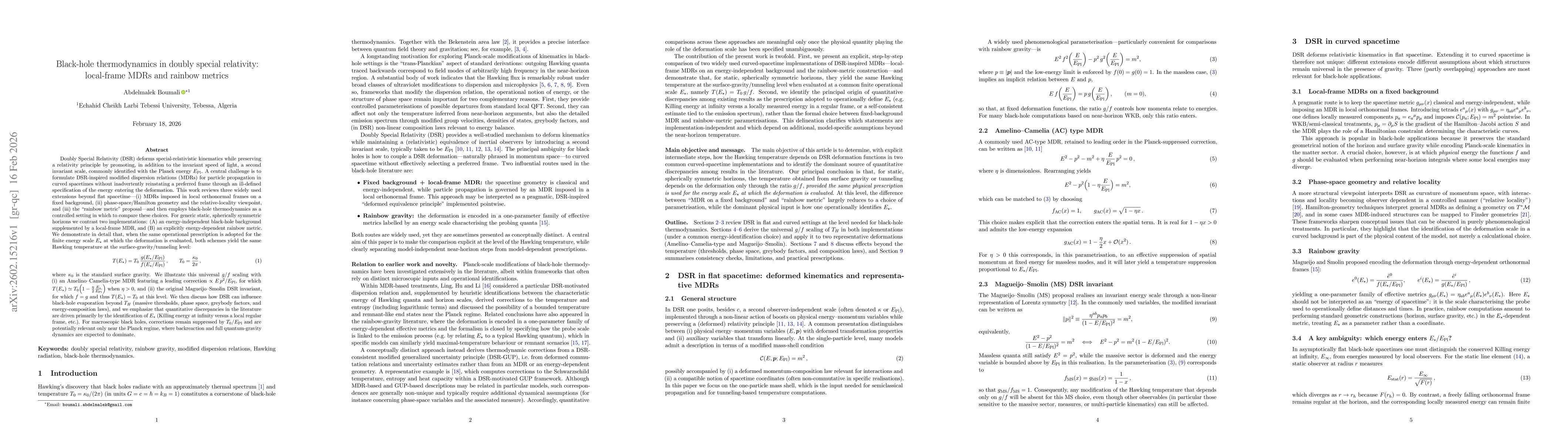 Thumbnail for Black-hole thermodynamics in doubly special relativity: local-frame MDRs and rainbow metrics