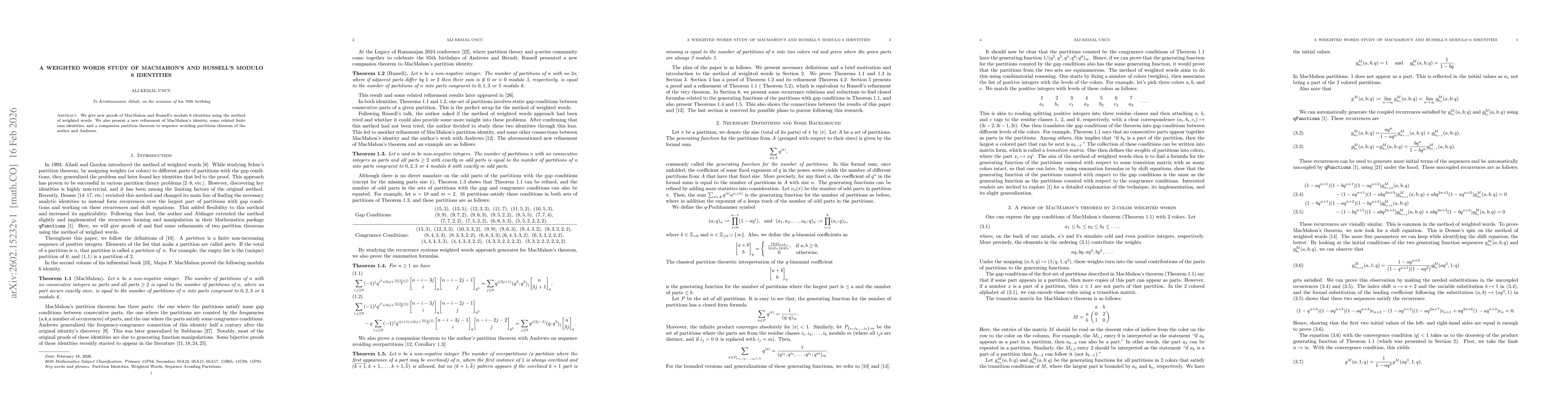 Thumbnail for A Weighted Words Study of MacMahon's and Russell's Modulo 6 Identities