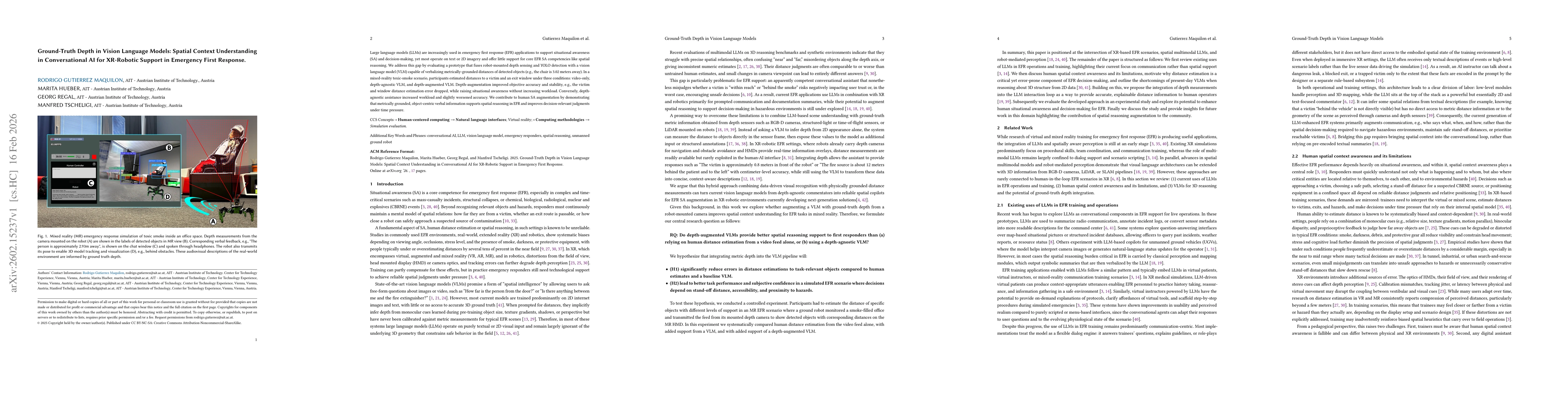 Thumbnail for Ground-Truth Depth in Vision Language Models: Spatial Context Understanding in Conversational AI for XR-Robotic Support in Emergency First Response