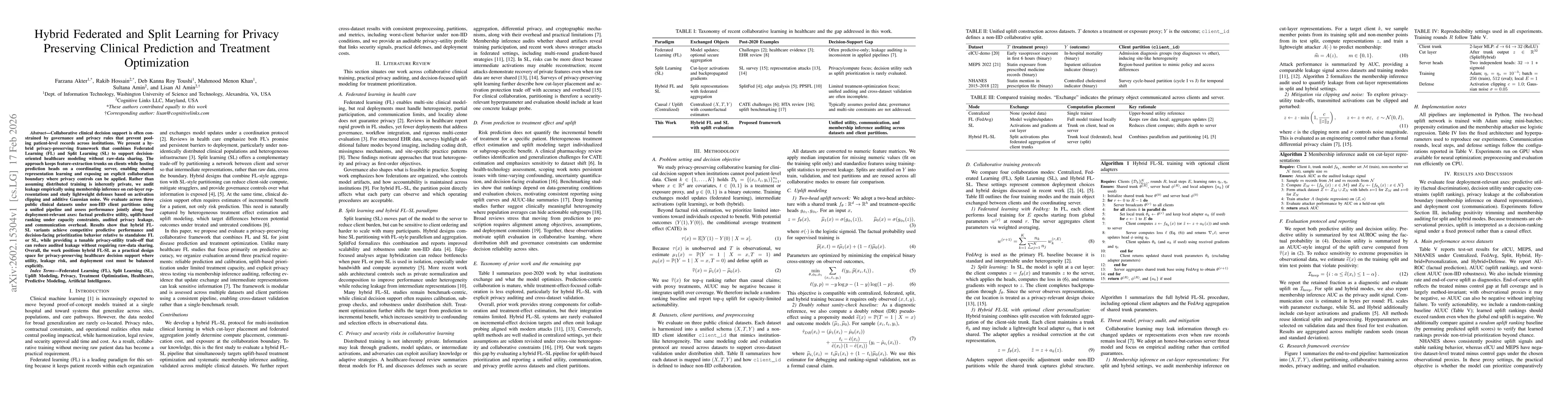 Thumbnail for Hybrid Federated and Split Learning for Privacy Preserving Clinical Prediction and Treatment Optimization
