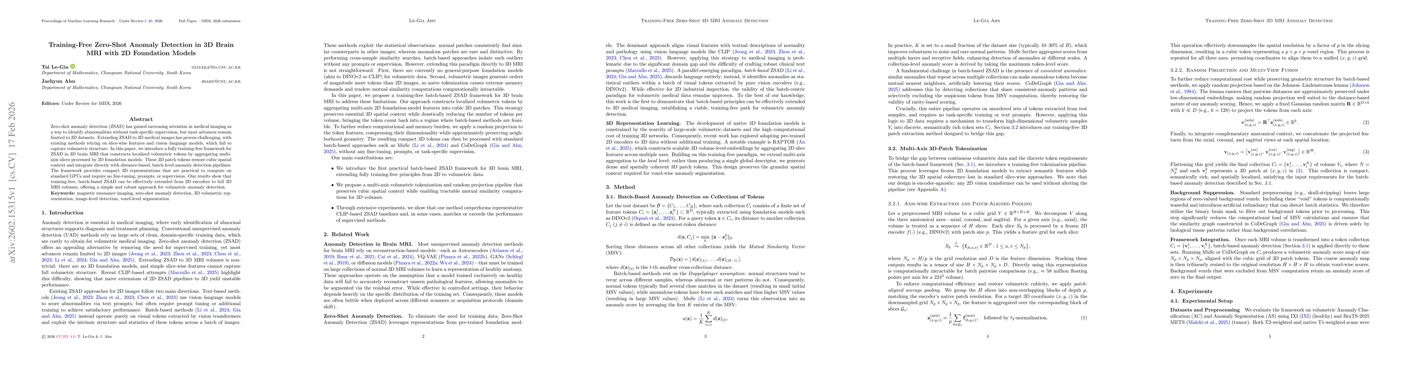Thumbnail for Training-Free Zero-Shot Anomaly Detection in 3D Brain MRI with 2D Foundation Models