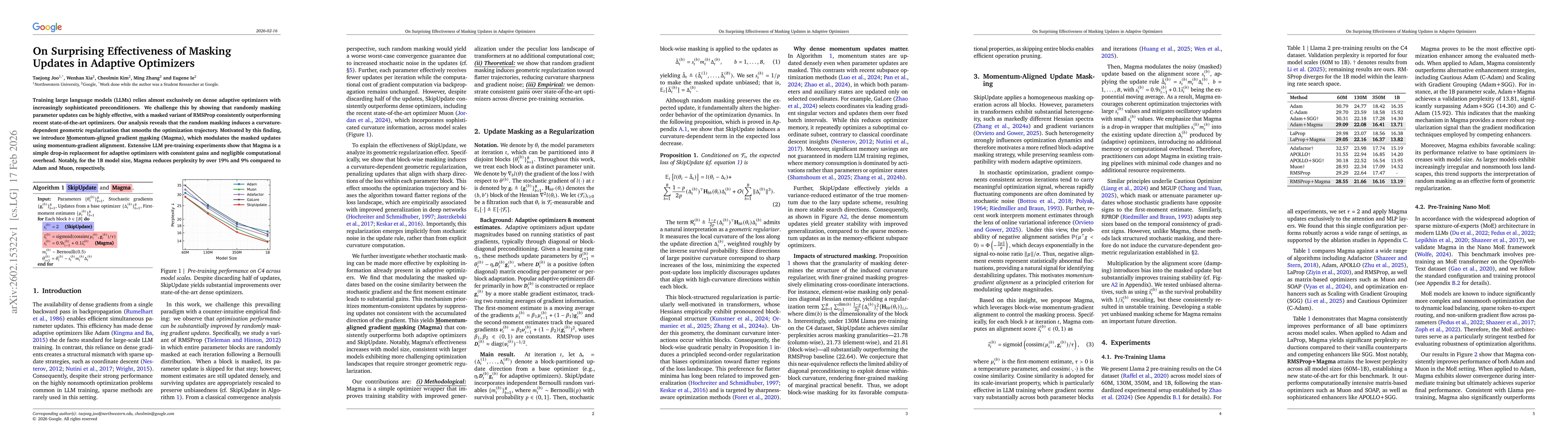 Thumbnail for On Surprising Effectiveness of Masking Updates in Adaptive Optimizers