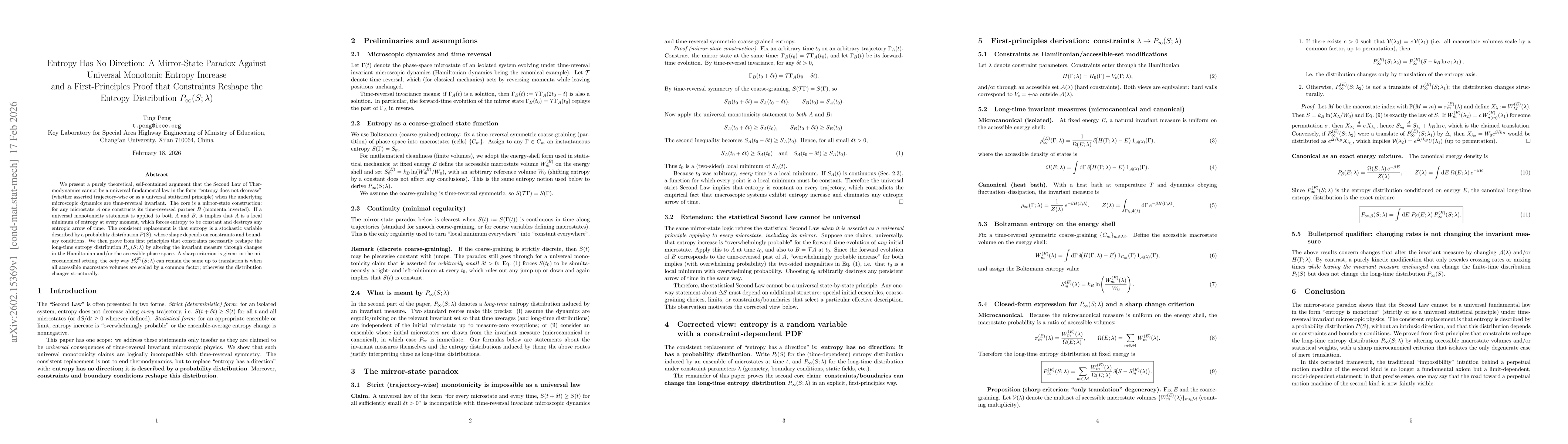 Thumbnail for Entropy Has No Direction: A Mirror-State Paradox Against Universal Monotonic Entropy Increase and a First-Principles Proof that Constraints Reshape the Entropy Distribution
