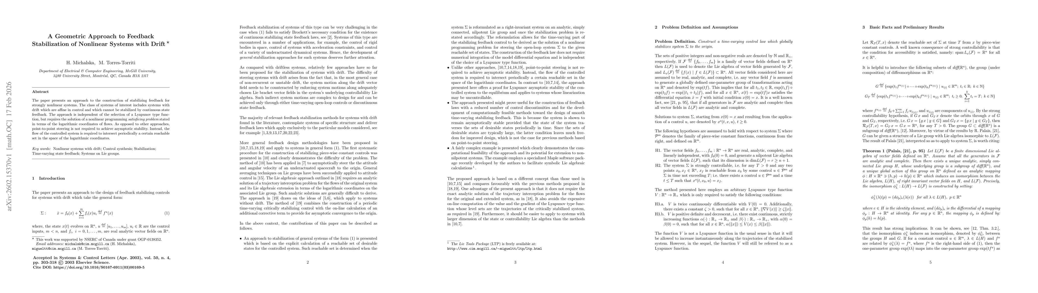 Thumbnail for A Geometric Approach to Feedback Stabilization of Nonlinear Systems with Drift