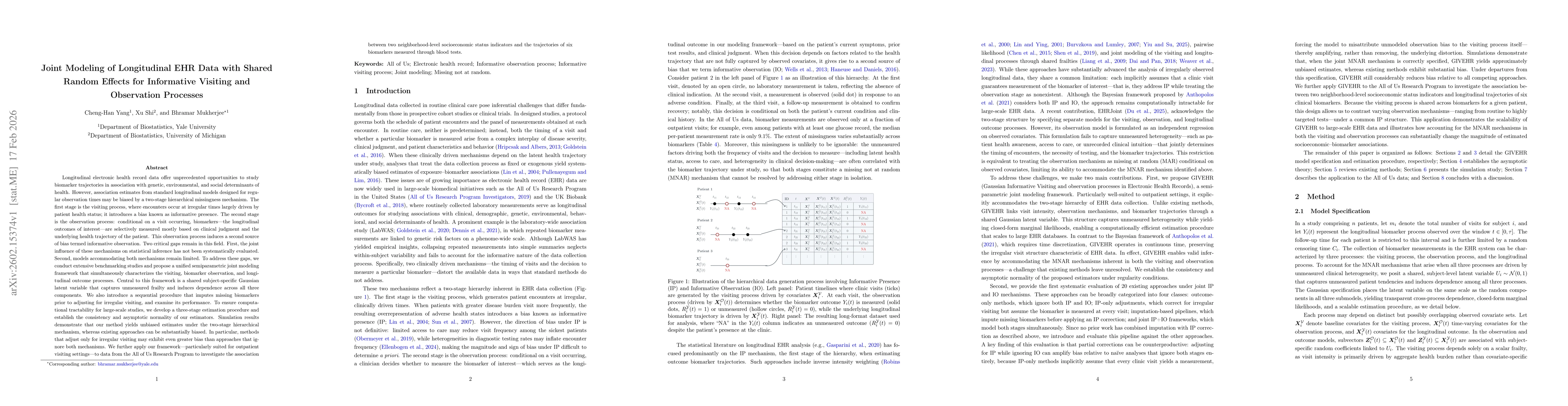 Thumbnail for Joint Modeling of Longitudinal EHR Data with Shared Random Effects for Informative Visiting and Observation Processes