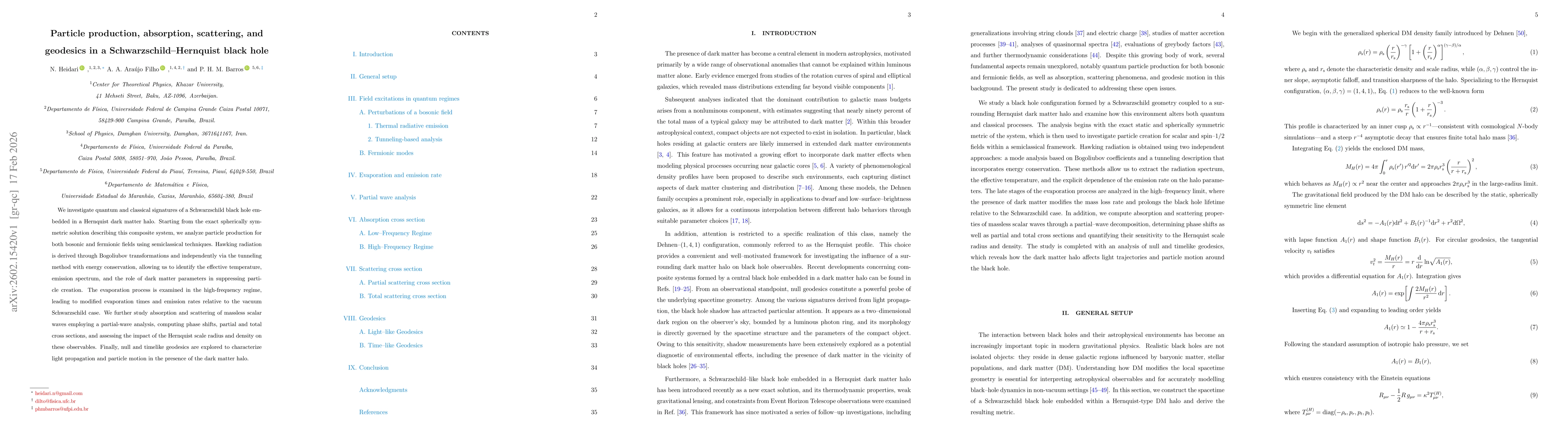 Thumbnail for Particle production, absorption, scattering, and geodesics in a Schwarzschild--Hernquist black hole