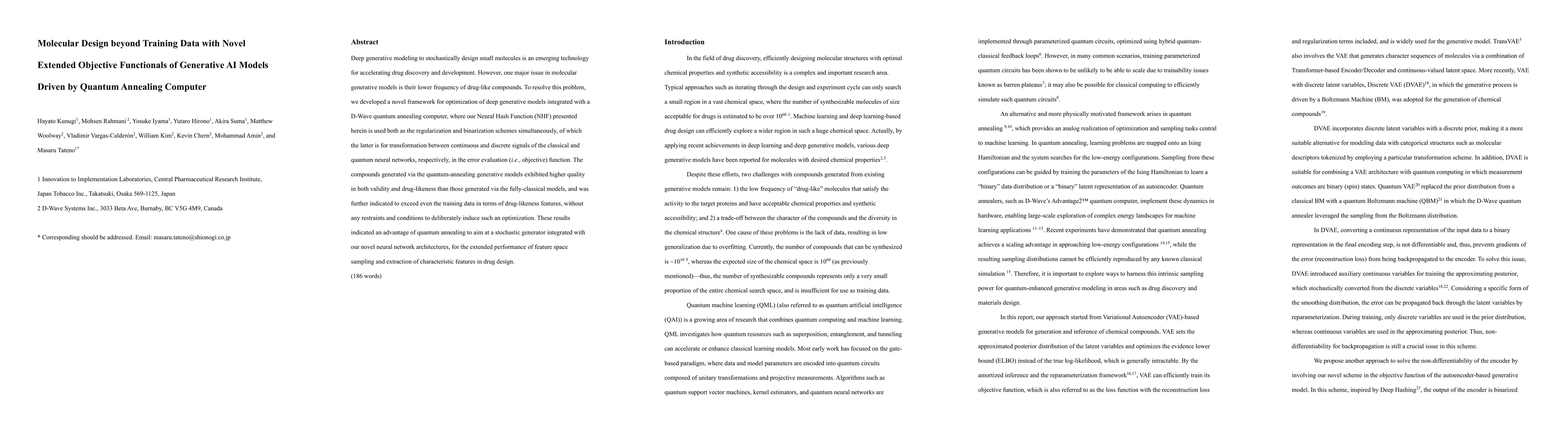 Thumbnail for Molecular Design beyond Training Data with Novel Extended Objective Functionals of Generative AI Models Driven by Quantum Annealing Computer