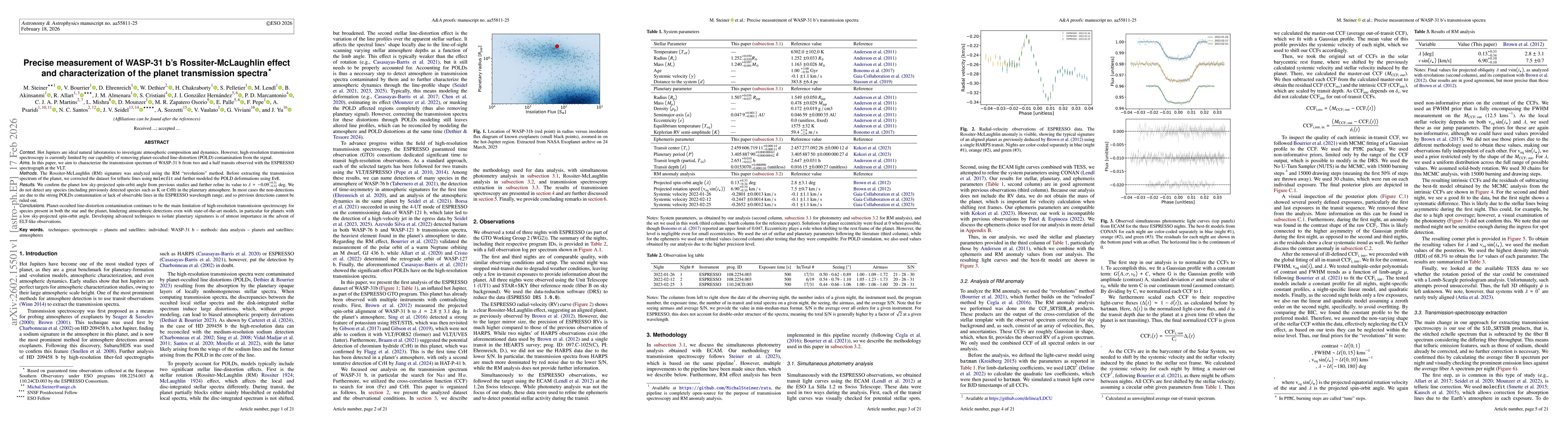 Thumbnail for Precise measurement of WASP-31 b's Rossiter-McLaughlin effect and characterization of the planet transmission spectra