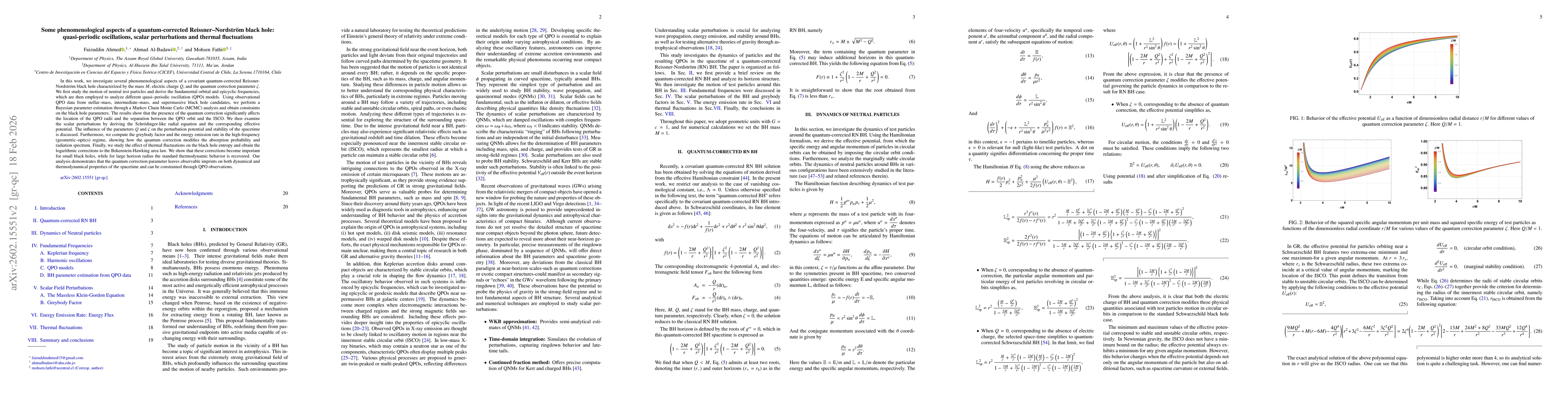 Thumbnail for Some phenomenological aspects of a quantum-corrected Reissner-Nordström black hole: quasi-periodic oscillations, scalar perturbations and thermal fluctuations