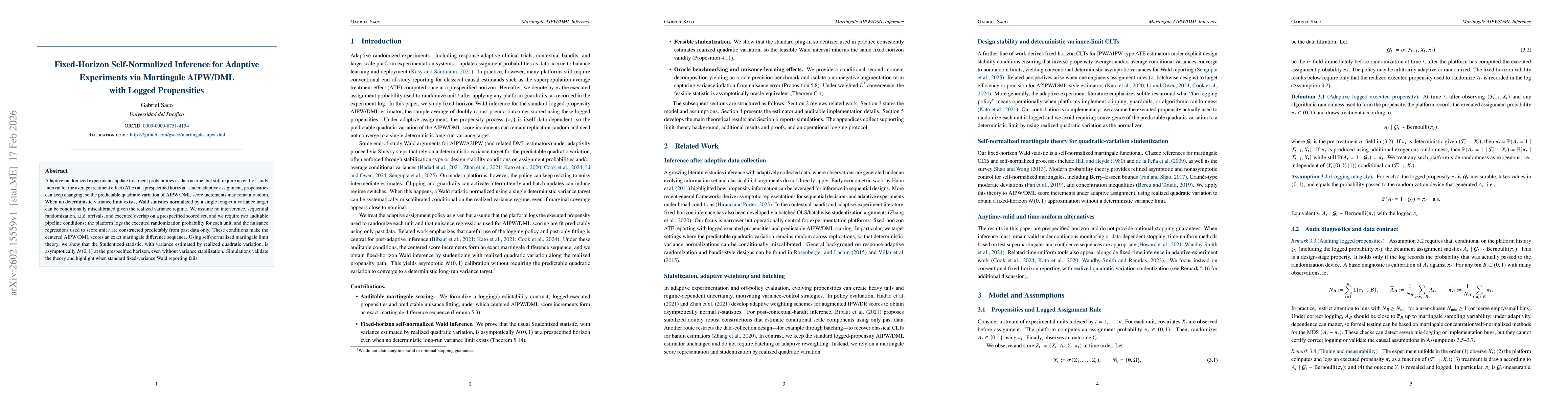 Thumbnail for Fixed-Horizon Self-Normalized Inference for Adaptive Experiments via Martingale AIPW/DML with Logged Propensities