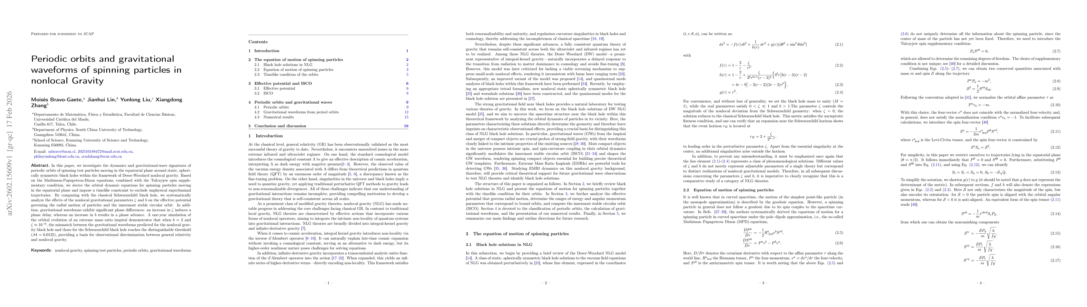 Thumbnail for Periodic orbits and gravitational waveforms of spinning particles in nonlocal Gravity