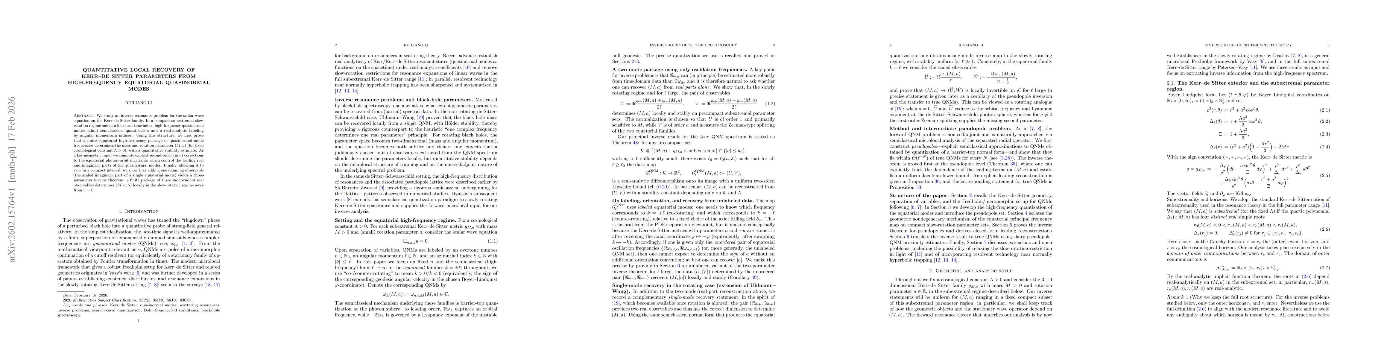 Thumbnail for Quantitative local recovery of Kerr-de Sitter parameters from high-frequency equatorial quasinormal modes