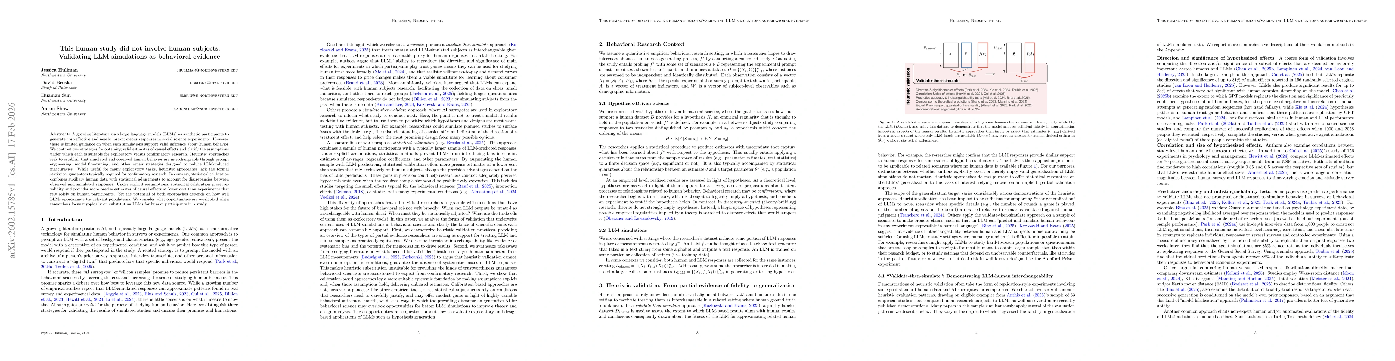 Thumbnail for This human study did not involve human subjects: Validating LLM simulations as behavioral evidence