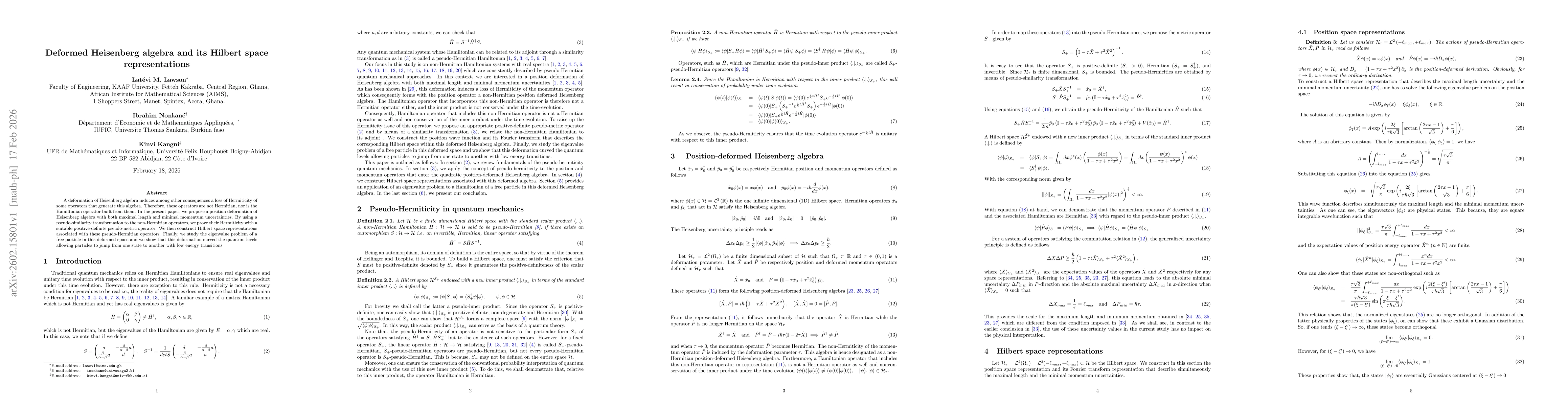 Thumbnail for Deformed Heisenberg algebra and its Hilbert space representations