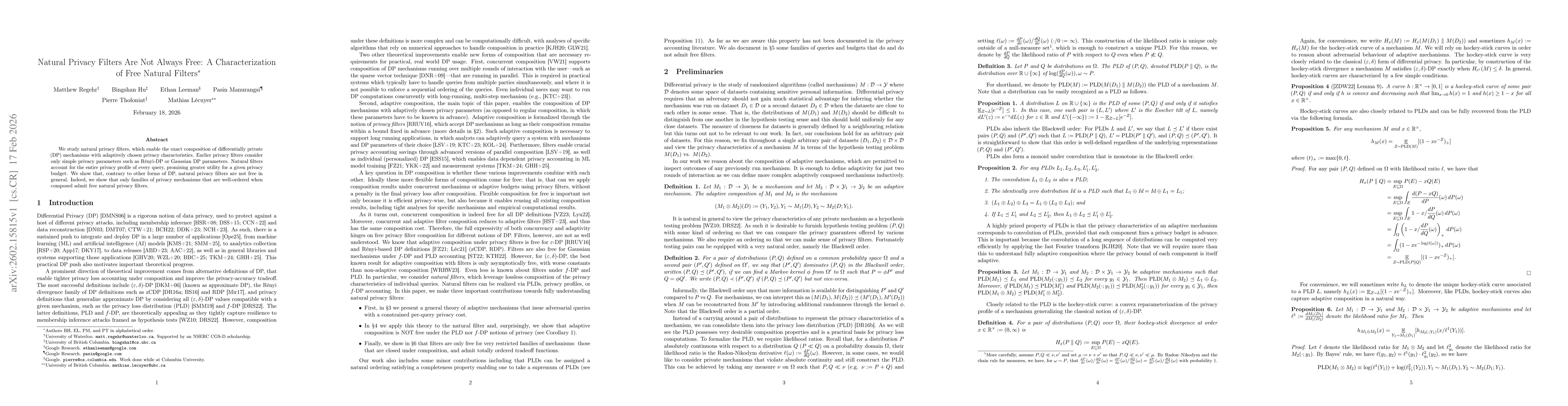 Thumbnail for Natural Privacy Filters Are Not Always Free: A Characterization of Free Natural Filters