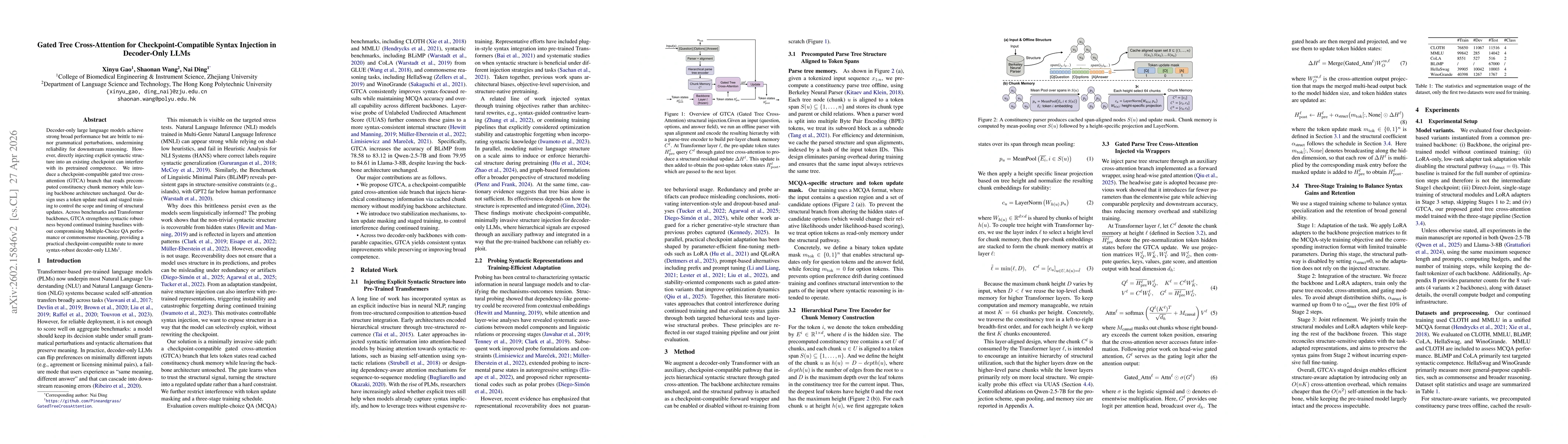 Thumbnail for Gated Tree Cross-attention for Checkpoint-Compatible Syntax Injection in Decoder-Only LLMs