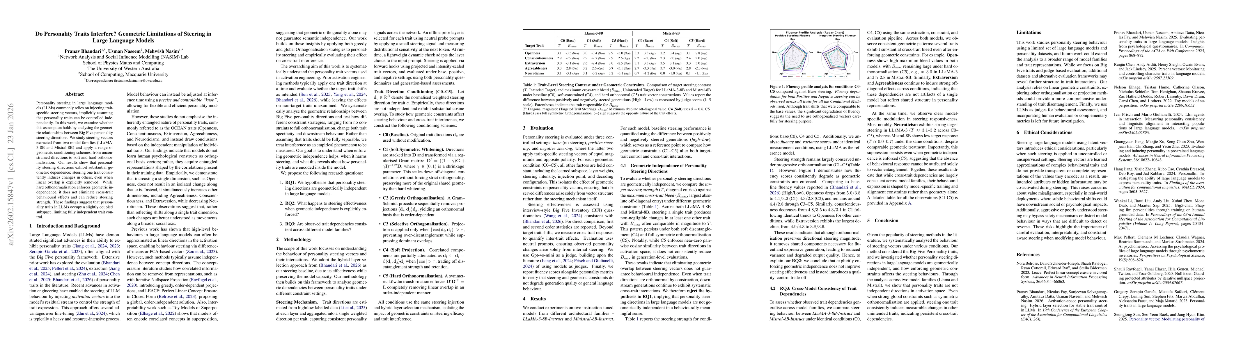 Thumbnail for Do Personality Traits Interfere? Geometric Limitations of Steering in Large Language Models