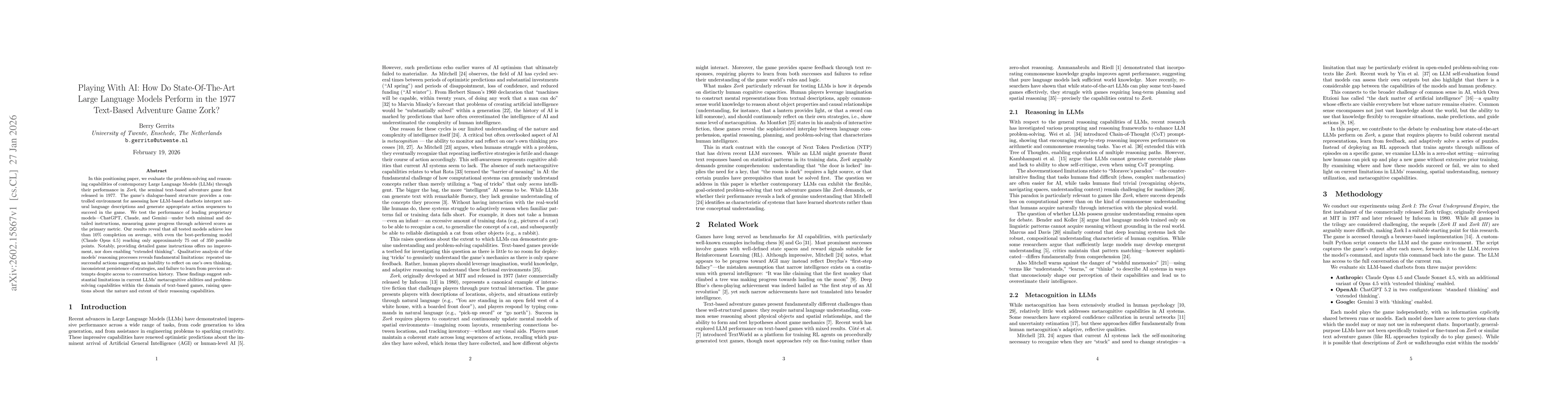 Thumbnail for Playing With AI: How Do State-Of-The-Art Large Language Models Perform in the 1977 Text-Based Adventure Game Zork?