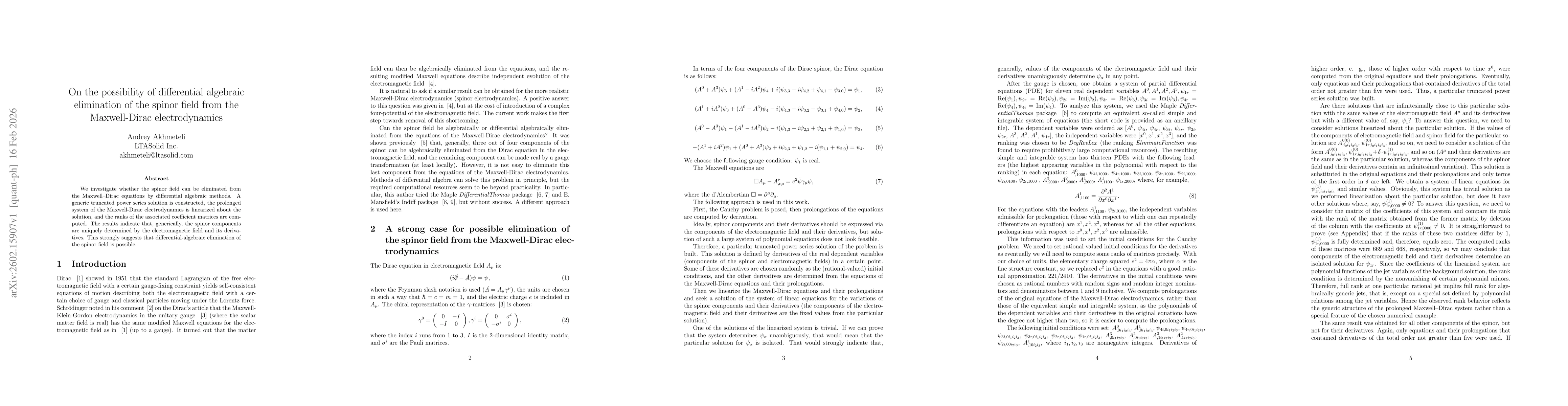 Thumbnail for On the possibility of differential algebraic elimination of the spinor field from the Maxwell-Dirac electrodynamics