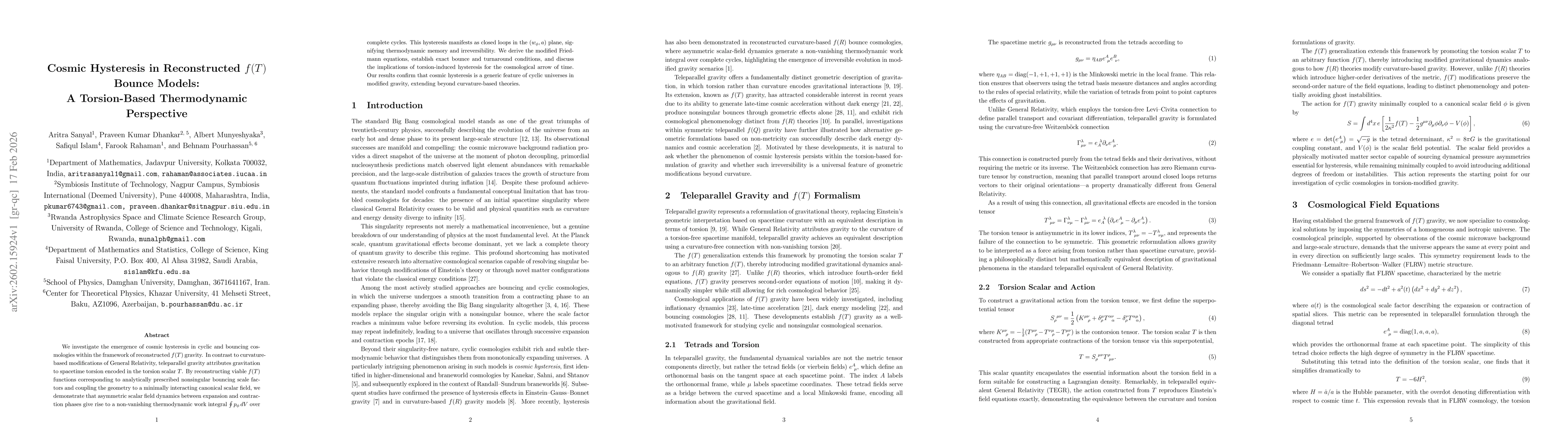 Thumbnail for Cosmic Hysteresis in Reconstructed $f(T)$ Bounce Models A Torsion-Based Thermodynamic Perspective