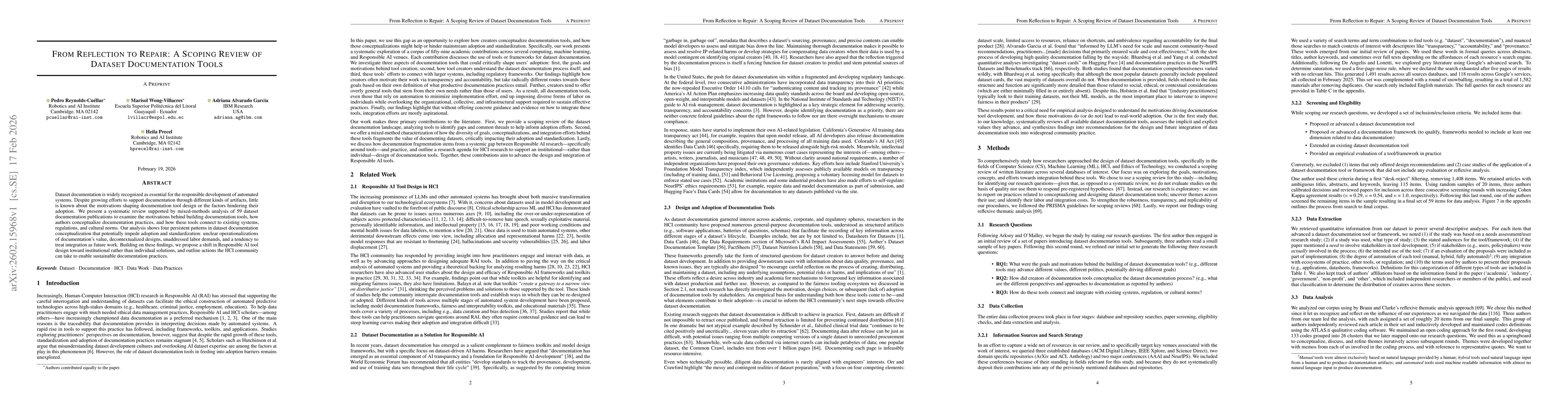 Thumbnail for From Reflection to Repair: A Scoping Review of Dataset Documentation Tools