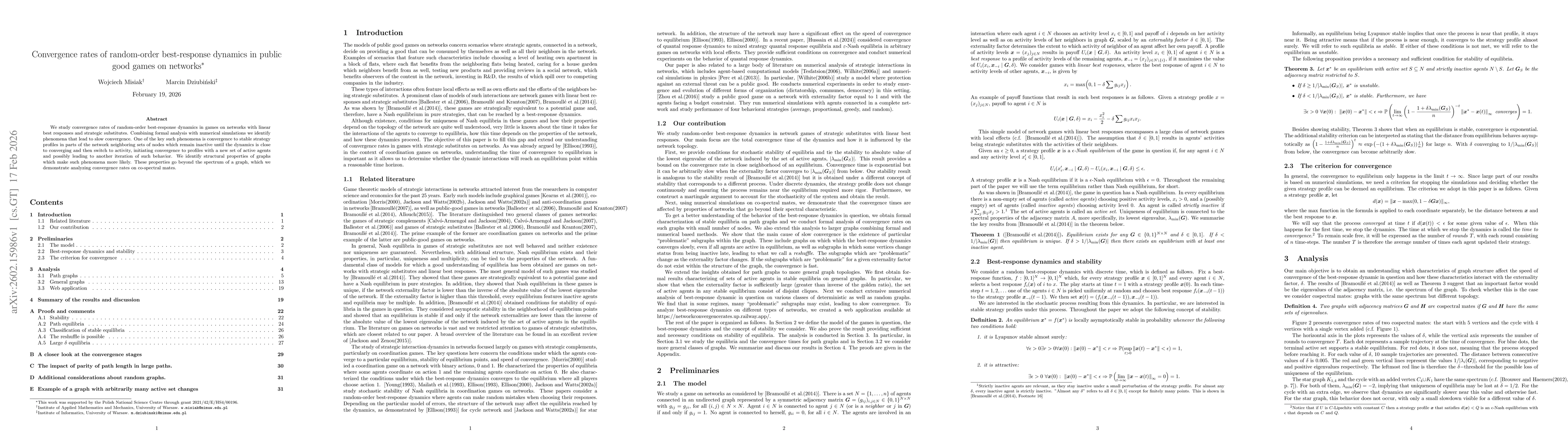 Thumbnail for Convergence rates of random-order best-response dynamics in public good games on networks