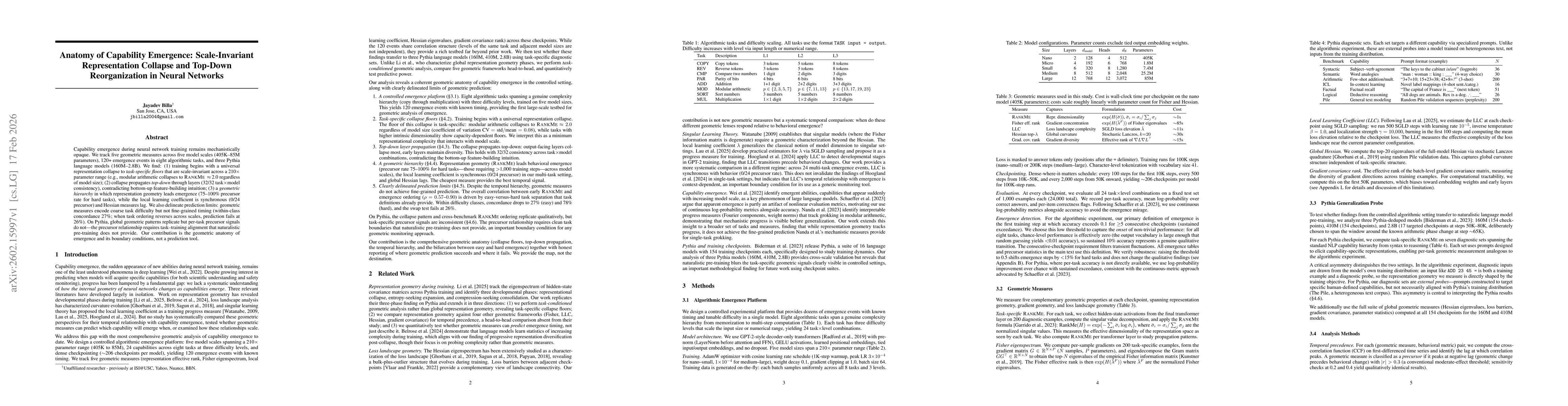 Thumbnail for Anatomy of Capability Emergence: Scale-Invariant Representation Collapse and Top-Down Reorganization in Neural Networks