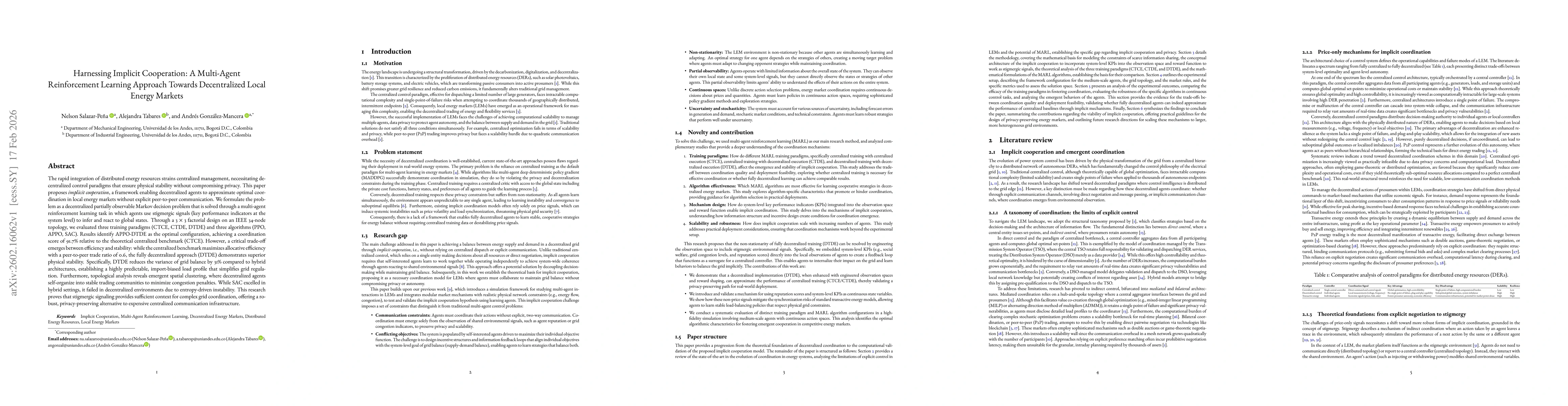Thumbnail for Harnessing Implicit Cooperation: A Multi-Agent Reinforcement Learning Approach Towards Decentralized Local Energy Markets