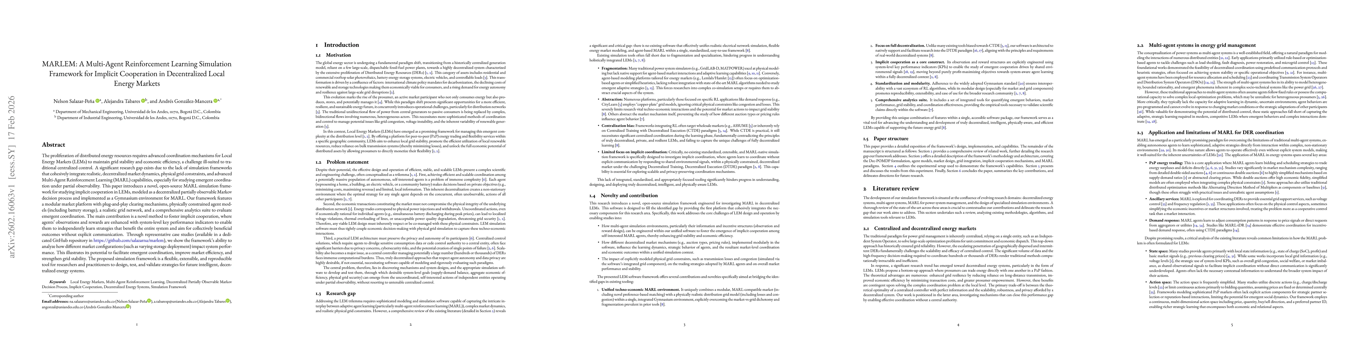 Thumbnail for MARLEM: A Multi-Agent Reinforcement Learning Simulation Framework for Implicit Cooperation in Decentralized Local Energy Markets