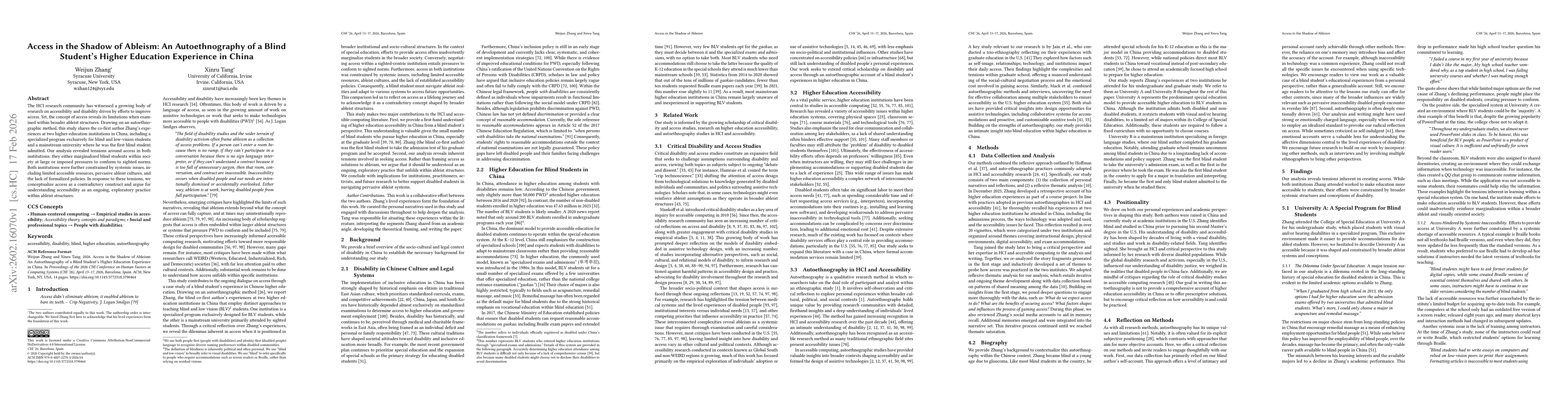 Thumbnail for Access in the Shadow of Ableism: An Autoethnography of a Blind Student's Higher Education Experience in China