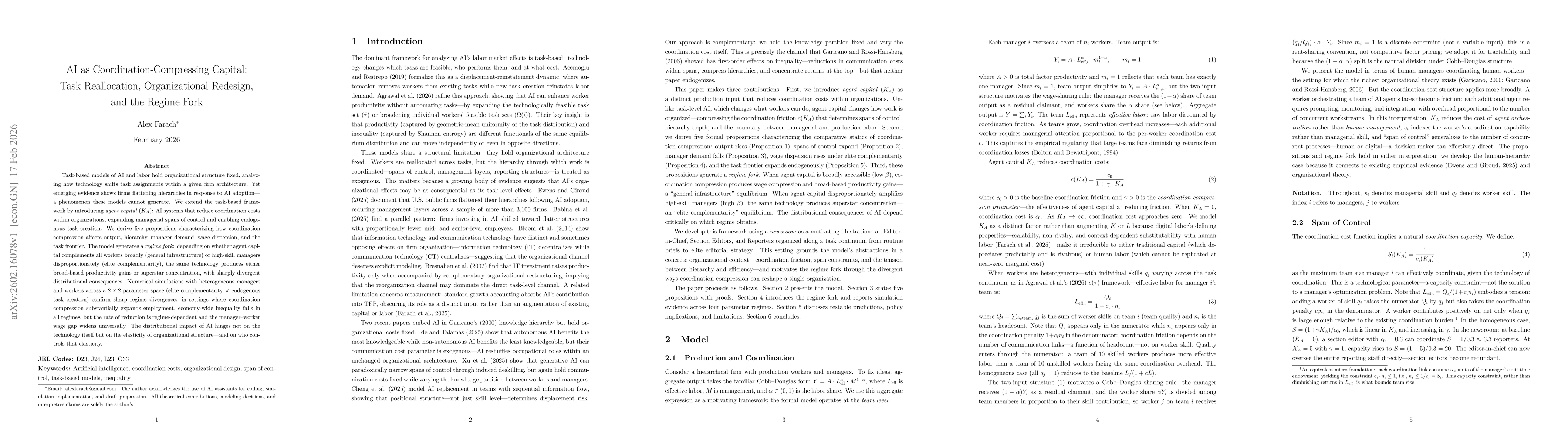 Thumbnail for AI as Coordination-Compressing Capital: Task Reallocation, Organizational Redesign, and the Regime Fork