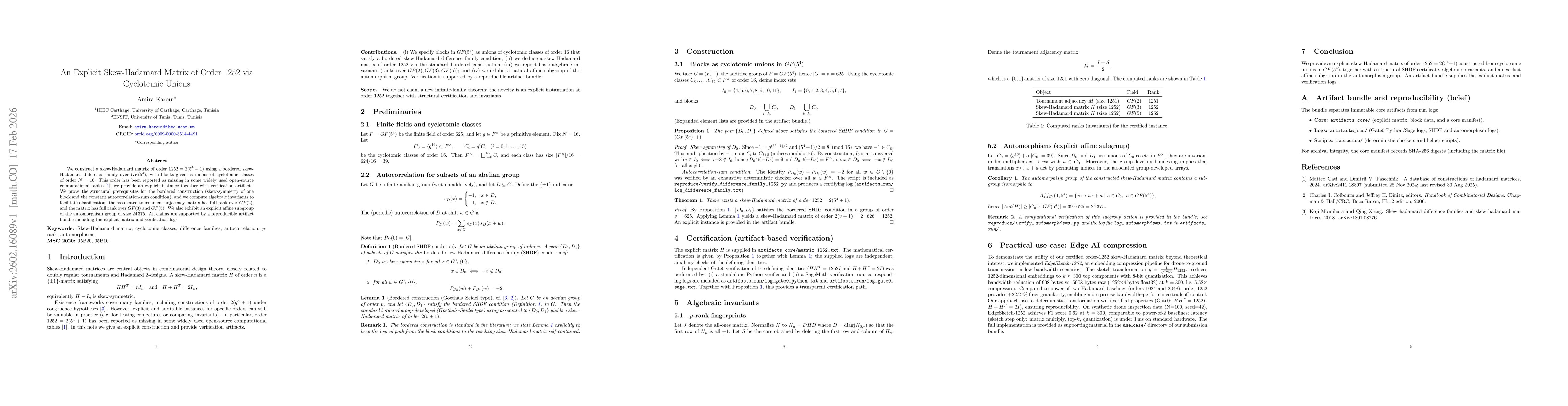 Thumbnail for An Explicit Skew-Hadamard Matrix of Order 1252 via Cyclotomic Unions