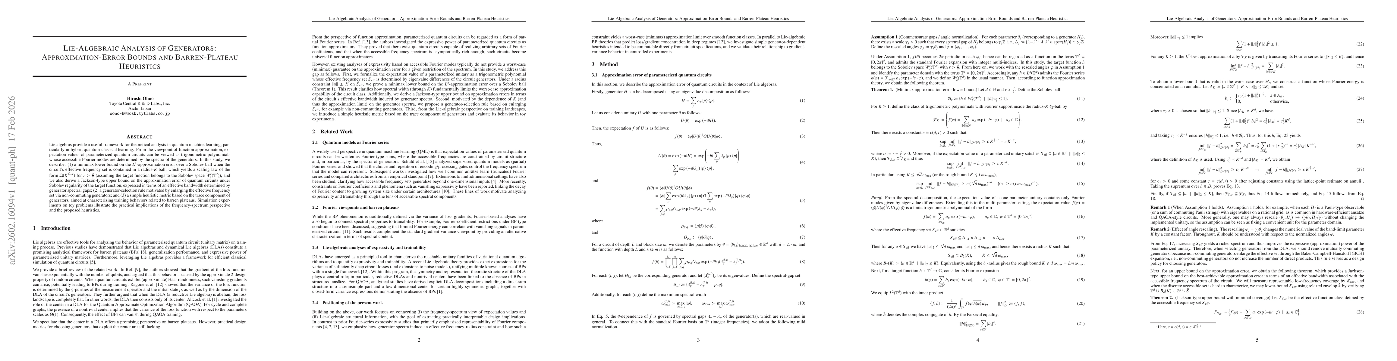 Thumbnail for Lie-Algebraic Analysis of Generators: Approximation-Error Bounds and Barren-Plateau Heuristics